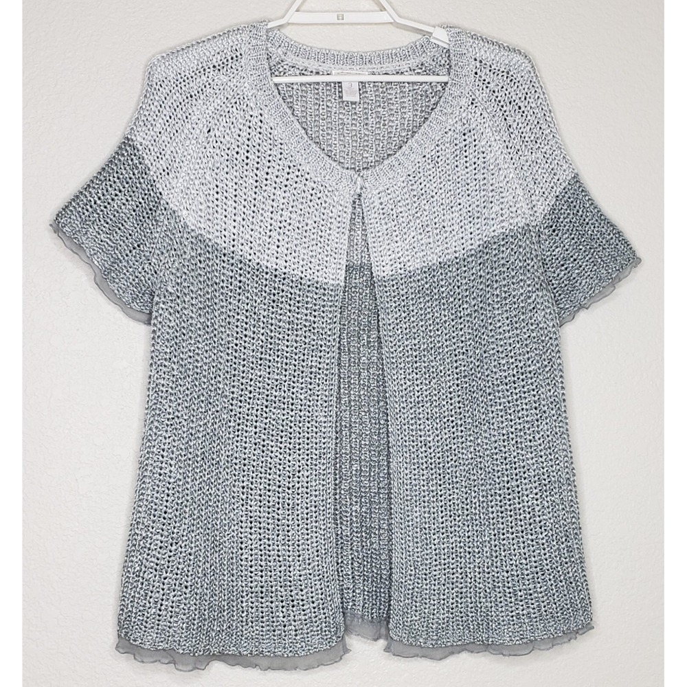 Chico's Sweater Cardigan Size 3 S/S Metallic Silver Chunky Knit Snap Open Front